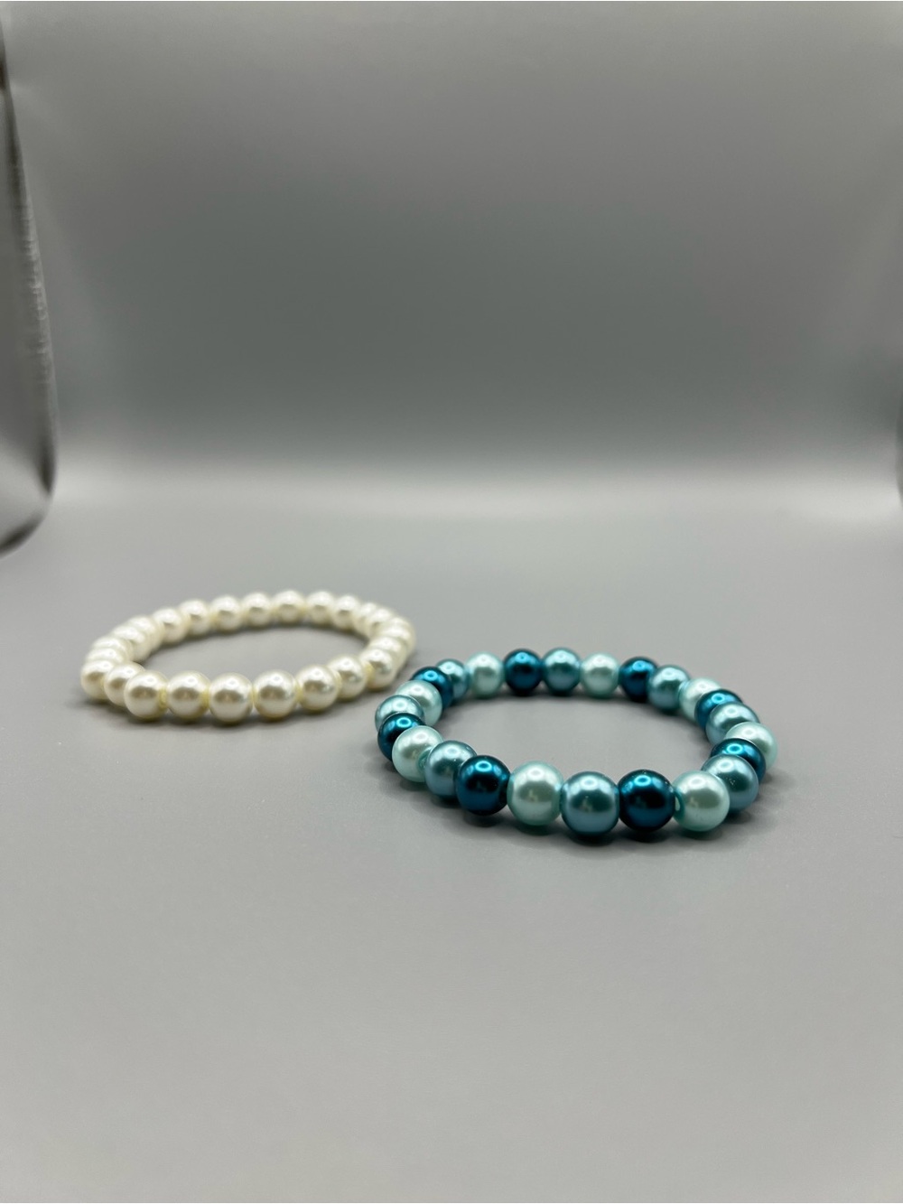 Pearl Beaded Stretch Bracelet Set - White & Teal - Handmade #B0091T